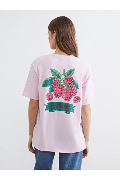 LC Waikiki Γυναικείο μπλουζάκι με ροζ λαιμόκοψη με στάμπα oversize