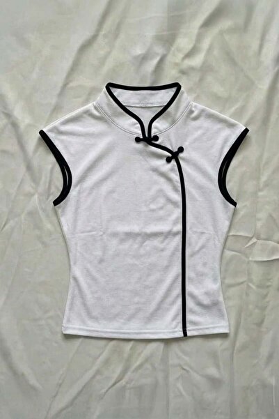 Genel Markalar Mandarin Yaka Siyah Şeritli Qipao Y2K Kısa Kollu Crop