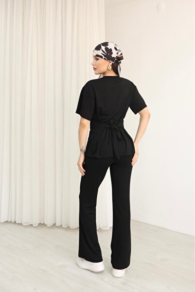 Elit Women's Modal Fabric Crew Neck Tie Detail Short Sleeve Top and Bottom Set