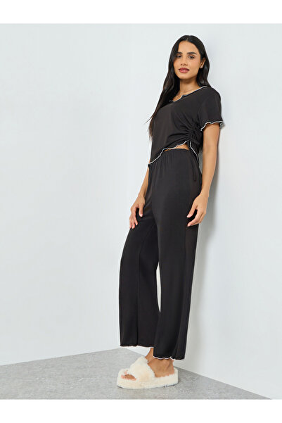 Styli Black Lettuce Edge Notch Neck T-Shirt and Pyjama Set