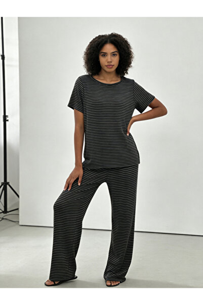 Take Two By Styli Black Striped Knit T-Shirt and Pyjama Set