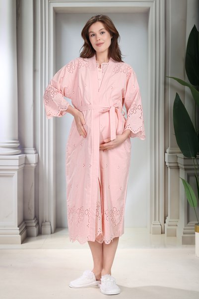 Lohussa New Season Powder Linen Eyelet Embroidery Summer 100% Cotton Short Sleeve Design Maternity Maternity Dressing Gown Nightgown Set