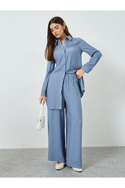 Take Two By Styli Blue Lace Detail Longline Shirt and Pants Co-Ords