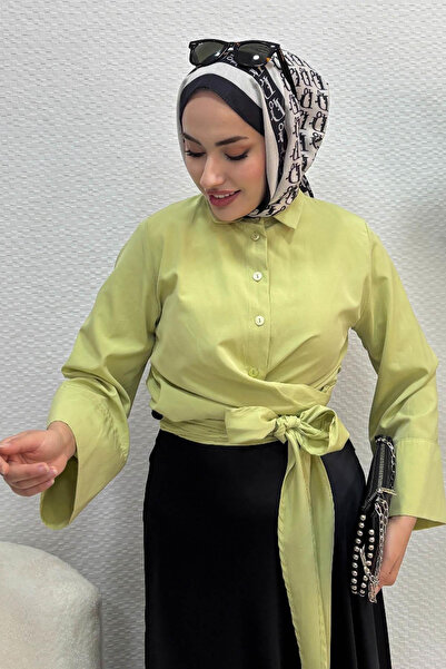 Tesettür Diyarı Γυναικείο πουκάμισο με λεπτομέρεια κορδέλας - Πράσινο λαδί
