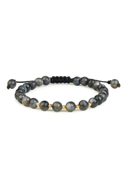 One Gold Bracelet with 5 beads 14K Gold "585" and Tiger Eye stones, adjustable