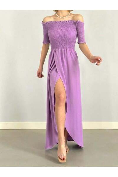 Modafeminen Lila Madon Collar Gipe Detailed Slit Long Dress 581784