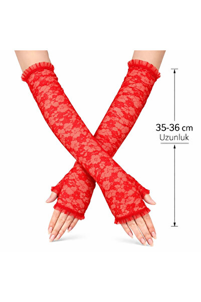 magicool Long Elegant Lace Fingerless Gloves Red 35 cm