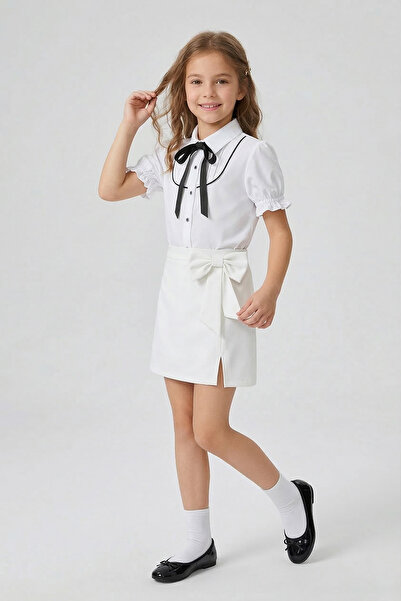 nacar çarşı Girl's Black Piped Shirt with Bow White Skirt April 23 October 29...