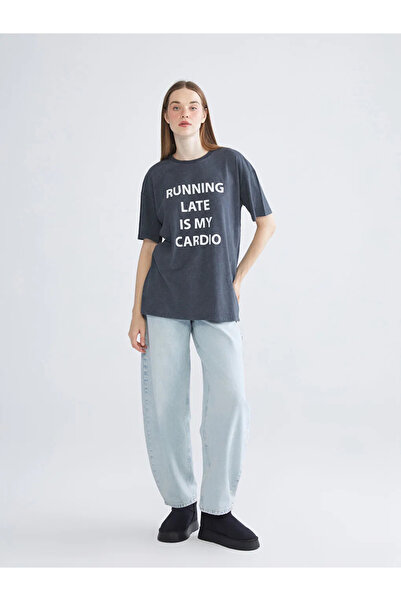 LC Waikiki Γυναικείο μπλουζάκι Anthracite Crew Neck με τύπωμα