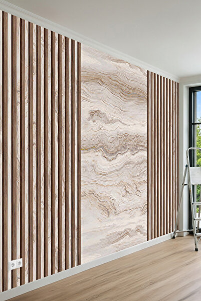 MİRAZAWALL Doğal Ahşap Çıta Görünümlü ve Mermer Desenli Tek Parça Tekstil Duv...