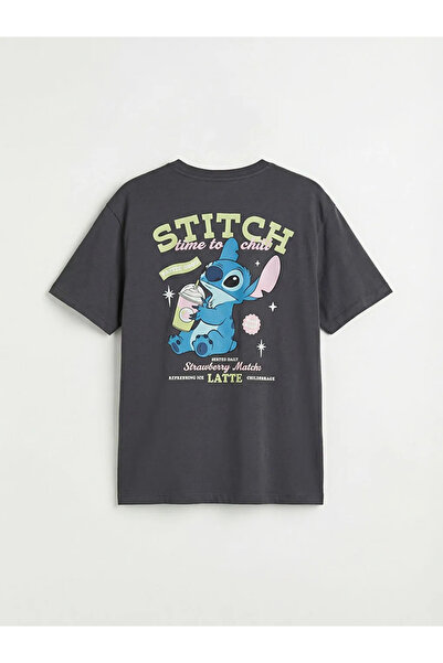 LC Waikiki Дамска тениска с антрацитен цвят, якичка тип „велосипед“ и принт „...