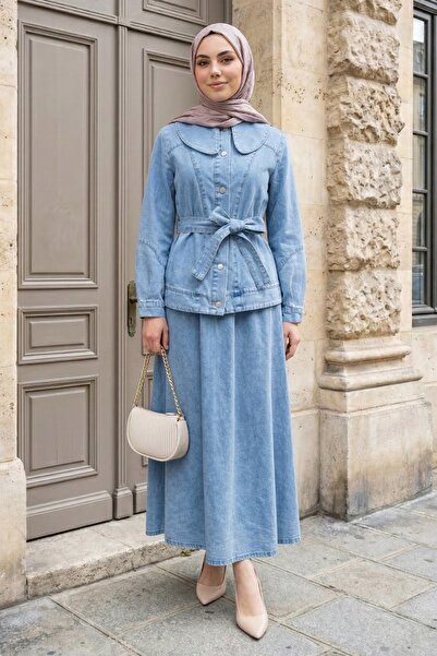 InStyle Peter Pan collar Light Blue Denim Suit with Skirt