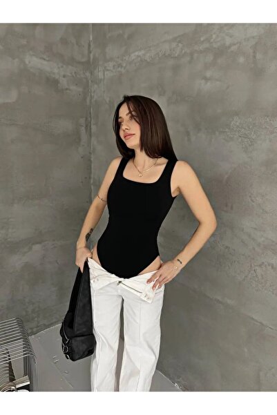 Cool & Sexy Women's Front and Back Square Neck Black Bodysuit