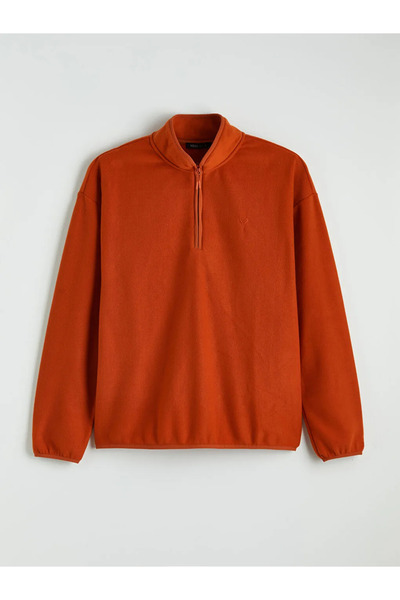 LC Waikiki Orange Mock Neck Embroidered Fleece Men's Sweatshirt