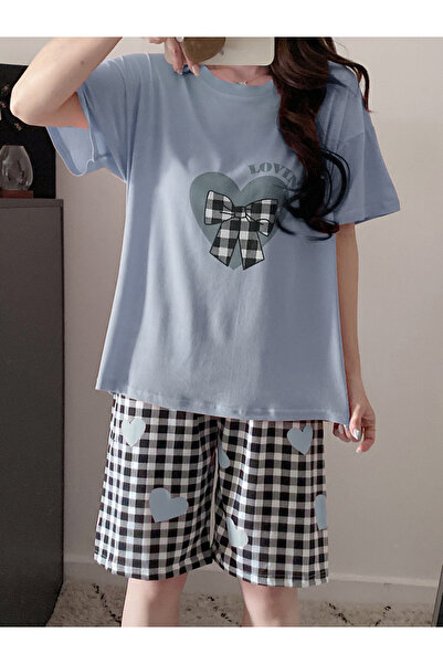 Take Two By Styli Heart Print Round Neck T-Shirt and Checked Shorts Set