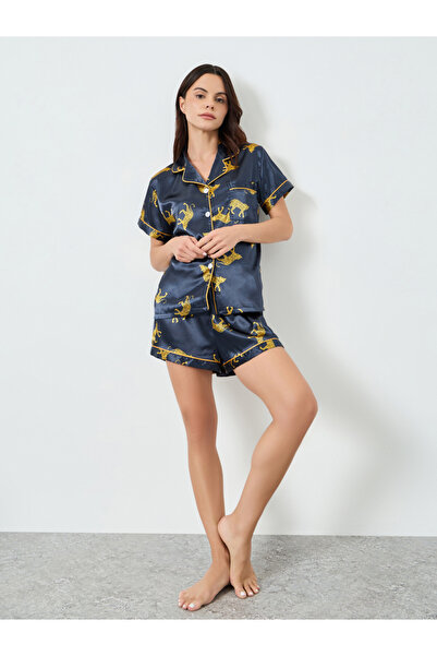 Take Two By Styli Navy Blue Leopard Print Shirt and Shorts Set