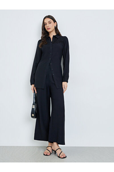 Take Two By Styli Black Lace Detail Longline Shirt and Pants Co-Ords