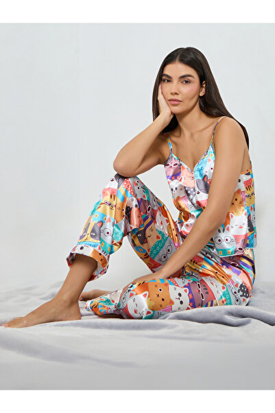Take Two By Styli Cat Print Satin Cami Top and Pyjama Set