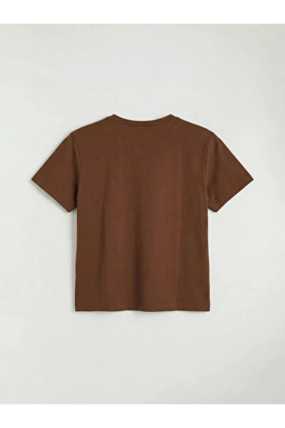 LC Waikiki Καφέ μπλουζάκι με λαιμόκοψη με τύπωμα για γυναίκες