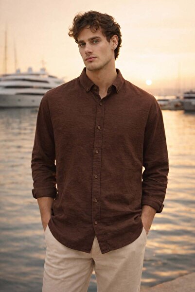 Valiberta Pera Kumaş Linen Look Half Oversized Long-Sleeved Men's Shirt - Brown