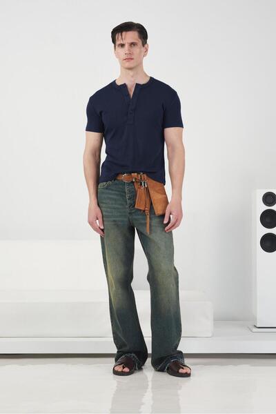 GIESTO Half-Patched Slim Fit Navy Blue T-Shirt