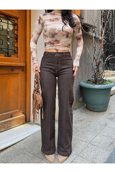 Sezka Life High Waist Brown Flared Pants with Stripes – Vintage Chic & t Shap...