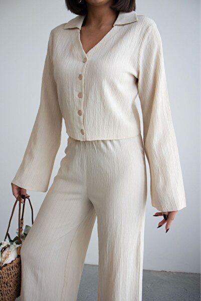 Ded COLLECTION Γυναικείο Σετ Πουκάμισο με Τσαλακωτό ύφασμα Κουμπιά και Παντελ...