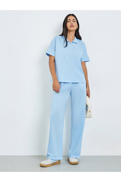 Styli Blue Short Sleeve Polo T-Shirt and Wide Leg Pants Co-Ords
