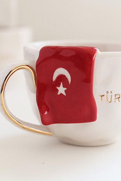 ada mia seramik Türkiye’m 🇹🇷 Türk Bayraklı 24K Altın Dekorlu El Yapımı Özel Üretim Kupa 250ml