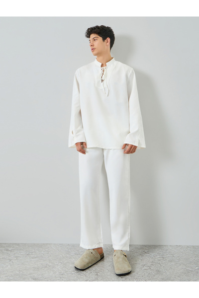 Take Two By Styli Men White Linen Top and Pants Co-Ords