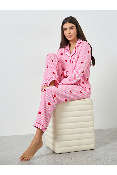 Take Two By Styli Pink Heart Striped Print Shirt and Pyjama Set