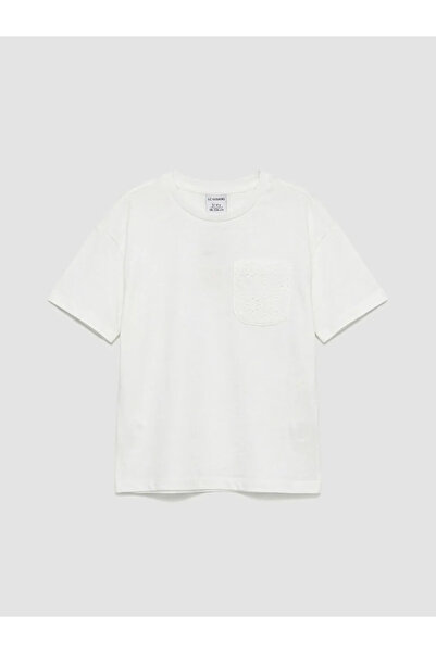 LC Waikiki Λευκό T-Shirt για κορίτσια με λαιμόκοψη ποδηλάτου και Μπροντερί λε...