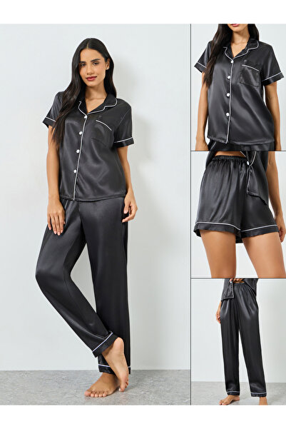 Styli Pack of 3 - Satin Short Sleeve Shirt, Pyjama And Shorts Set