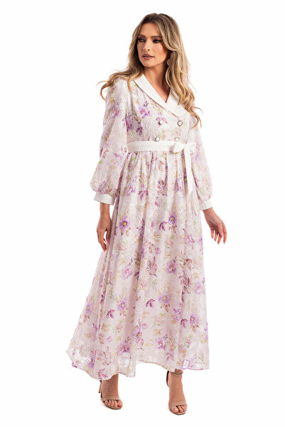 Miyu Embroidered Voile Dress with Shawl Collar