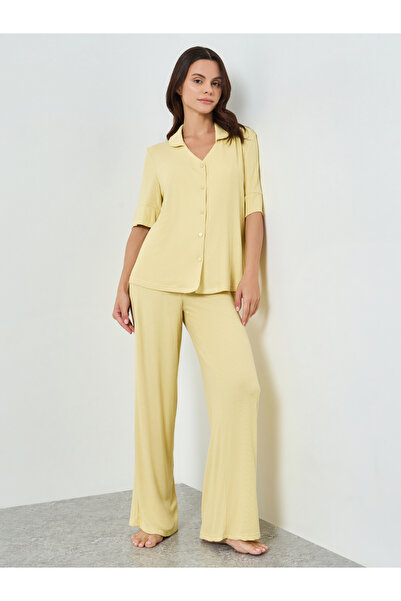 Styli Yellow Viscose Ribbed Buttoned Shirt and Pyjama Set