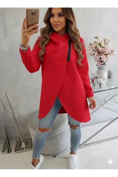 Afri Red Women's Asymmetrical Zippered Oversized Hooded Sweatshirt – Thick Fa...