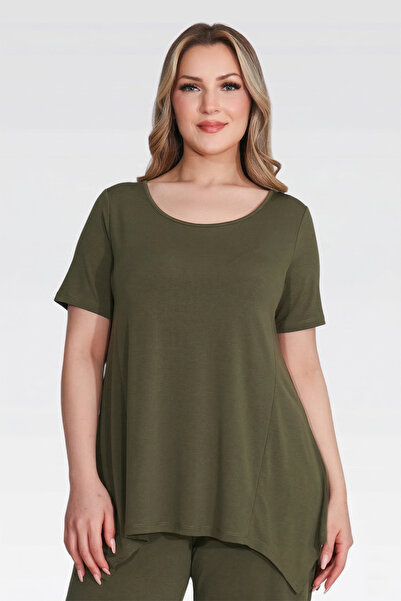 TOLGA SARAÇOĞLU 10914 Khaki Short Sleeve Knitted Tunic