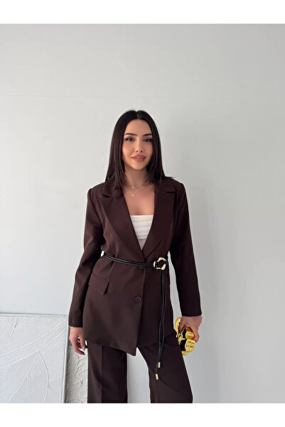 Coşkun GİYİM Women's Belt Pack Double Button Jacket Brown 4619