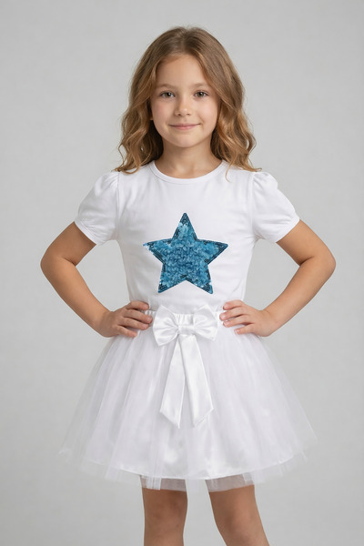 nacar çarşı Κοριτσίστικο Τυρκουάζ Μπλουζάκι με Αστέρια και Λευκή Φούστα Τούτο...