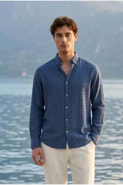 Valiberta Bien Cotton Linen Men's Shirt - Navy Blue