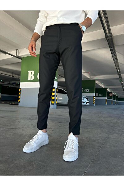 MODAMESTO Pantaloni negri pentru bărbați slim fit material elastic din țesătu...