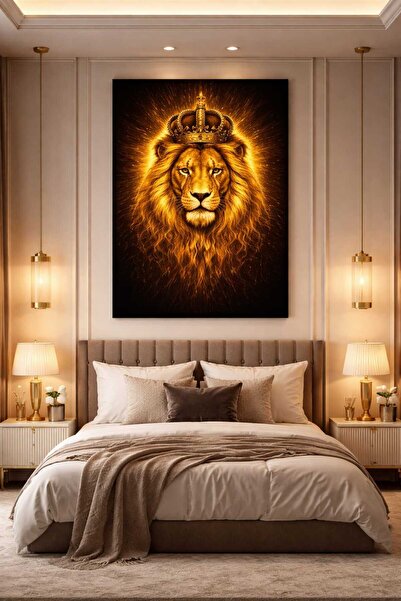 EMİLART Taçlı Aslan Lion Gold Detaylı Özel Tasarım Kanvas Tablo