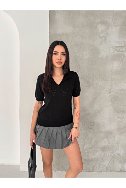 Noi Belis Polo Collar Diamond Patterned Fine Knit Blouse Ss26Bz0081