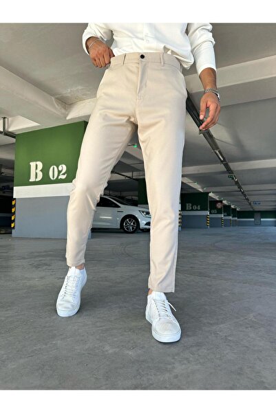 MODAMESTO بنطلون رجالي من القماش السادة باللون البيج قصة ضيقة قماش قابل للتمدد