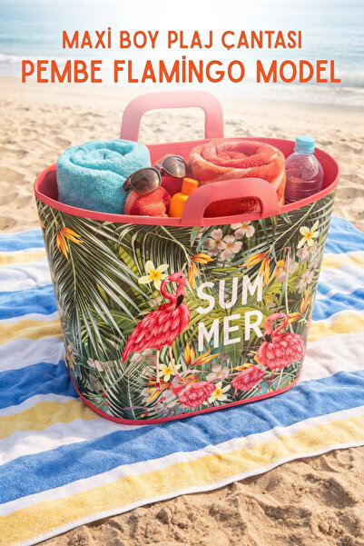Nandy Home Maxi Boy Silikon Plaj Çantası – Pembe Flamingo Desenli, Ekstra Gen...
