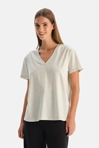 Dagi Μπλουζάκι Βασικό με λαιμόκοψη V σε χρώμα Εκρού Μελανζέ