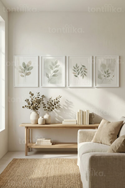 Tontilika Minimalist Botanik Yaprak Desenli 4’lü Ahşap Çerçeveli Tablo Seti