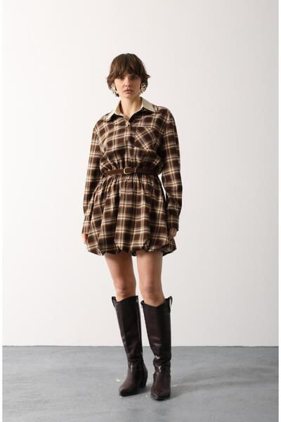 ABOUT US Plaid Patterned K Belt Detailled g Shirt Collar Dress # 35554