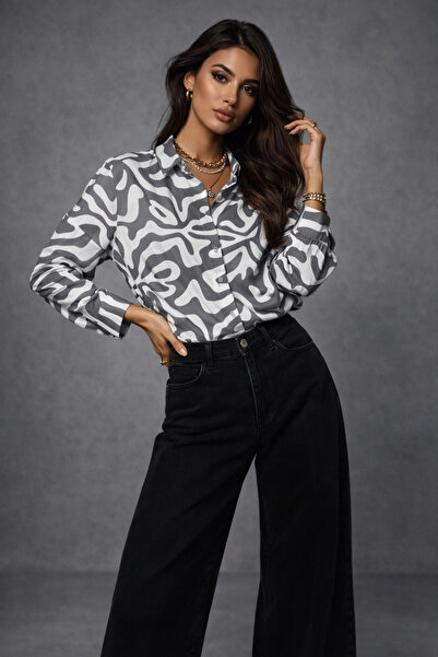 Rich Women's Patterned Long Sleeve Oversized Shirt