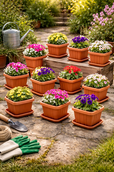 Binbirreyon 10 Adet Kare Saksı Tabaklı Terracota Saksı Seti 11x11x9cm 0,5Lt A...